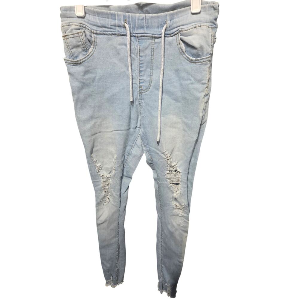 Light Wash Distressed Denim Jogger Pants Drawstring - SHEIN - S